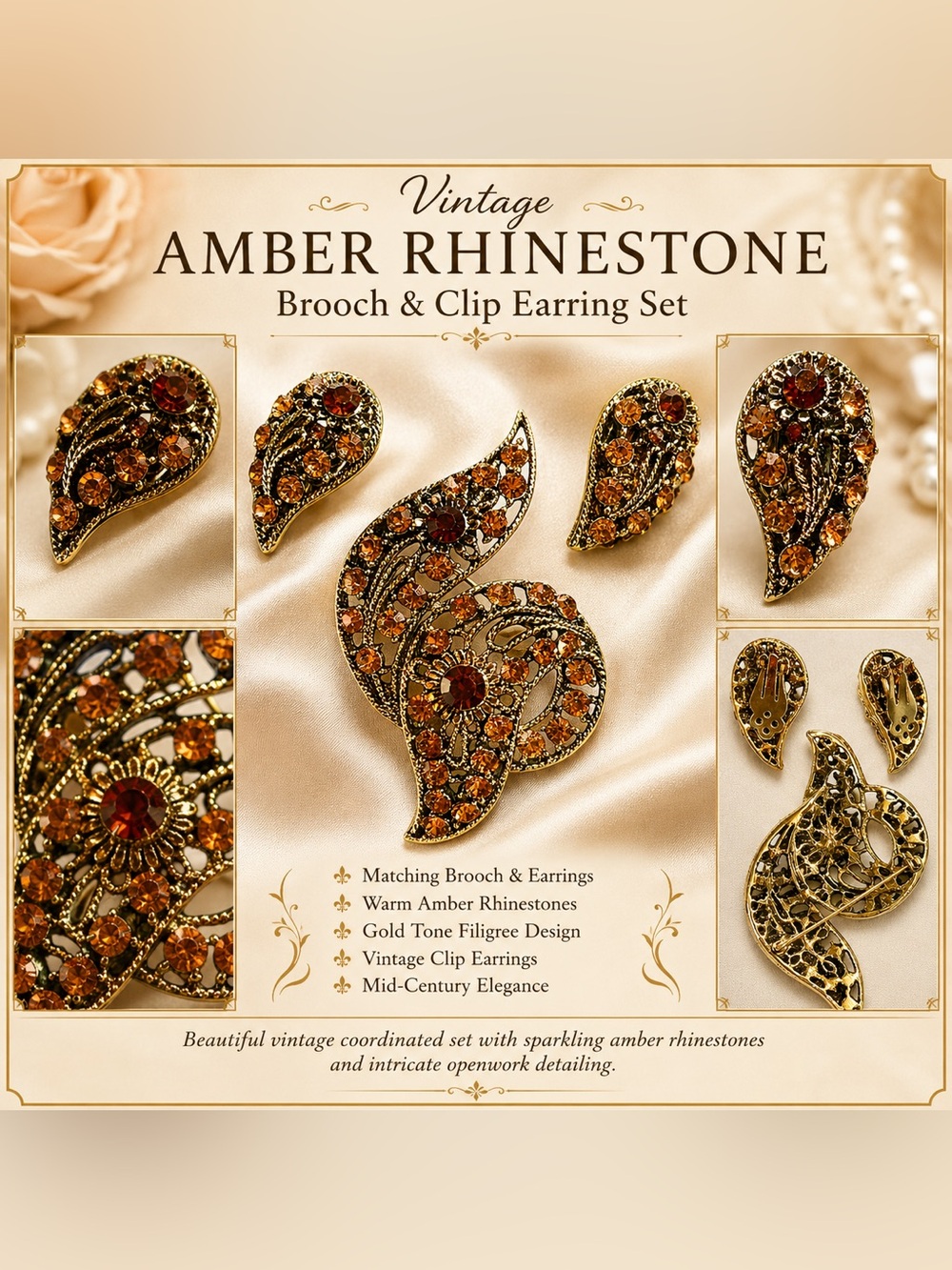 Vintage Amber Rhinestone Brooch & Clip Earring Set